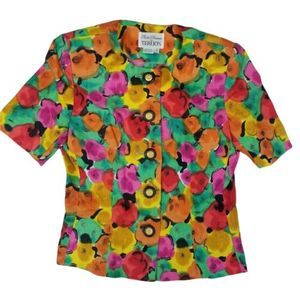 Rickie Freeman Jon Teri-Jon Floral Blouse Womens Sz 8 Linen  Button Front Top